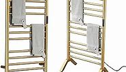 Electric Towel Warmers Radiator with Built-in Timer Gold, 140W Wall-Mounted & Freestanding Heated Towel Drying Rack with 11 Bars, 304 Stainless Steel Heated Towel Rail for Bathroom, Plug-in