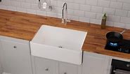 DEERVALLEY Eclipse White Ceramic 33 in. L 50/50 Rectangular Double Basin Farmhouse Apron Kitchen Sink with Grid and Strainer DV-1K028
