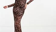 Miss Selfridge sheer ruched long sleeve maxi dress in brown leopard print | ASOS