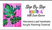 How To Paint A "Monstera Leaf With Hot Pink Background" - Acrylic Painting Tutorial Step By Step