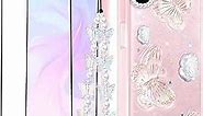 Goocrux (3in1 Case for Apple iPhone X/Xs Butterfly Glitter Handmade Sequin Sparkle Pretty for Women Girls Clear Design Crystal Pearl Sparkly Cute Girly Phone Cases+Chain+Screen Protector