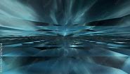 Nebula time lapse reflective glass looping animation. Blue teal polygon futuristic sci-fi landscape. Cyperpunk space explore backdrop. Vector render background video.