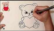 How to draw a cute teddy bear holding a heart 💓