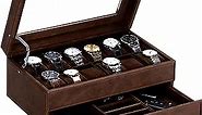 BEWISHOME Watch Box for Men Luxury Watch Organizer Faux Leather Watch Case with Jewelry Drawer, Real Glass Top, Metal Hinge, Brown SSH12Z