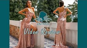 Women Rose Gold One Shoulder Split Front Long Sequin Prom Bridesmaid Dress | ZAPAKA