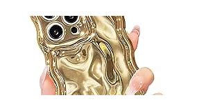 ekoneda for iPhone 14 Pro Case Curly Wavy Cute Square Edge, Aesthetic Silicone Protective Cover for Women Girl Slim Glitter Bling Water Ripple Plating Shockproof Soft Phone Cases, Shiny Gold