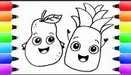 Pineapple & Fruits Coloring Pages for Children! Simple Drawings and Painting for Toddlers and Kids