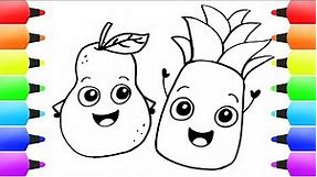 Pineapple & Fruits Coloring Pages for Children! Simple Drawings and Painting for Toddlers and Kids