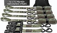 Ratchet Straps Tie Down Kit Incl. (4) Heavy Duty Rachet Tiedowns (1.6" x 15') with Coated S Hooks + (4) Soft Loop Tie-Downs (17") - 5,208 Total Break Strength by Straight Jacket Crew (Camo)