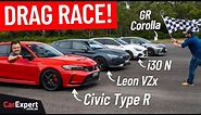 Drag race: Corolla v Civic v i30 v Leon. Forward AND reverse race!