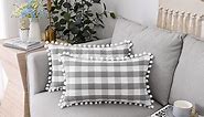 Bohogeo Buffalo Checkered Pillow Covers with Pom-poms for Sofa Couch, Gray Gingam Throw Pillows for Bedroom,12" x 20", Grey and White,Set of 2