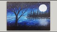 Moon and Trees Silhouette Painting in Acrylics - Easy Acrylic Painting Demo by StudioSilverCreek