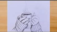 How to draw A girl's hand is holding a cup of hot coffee - Step by step Pencil Sketch for beginners