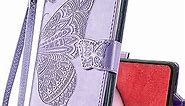 Wallet Case for Samsung Galaxy A14 5G,PU Leather Flip Protective Phone Case Wrist Strap Card Slots Holder Pocket Emboss Butterfly Flower Stand Case for Samsung Galaxy A14 5G Light Purple