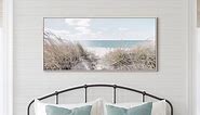 Beach Canvas Framed Wall Art: Large Coastal Seascape Picture Decor Ocean Scene Sea Print Painting Modern Seaside Seashore Grass Artwork for Bedroom Living Room Office