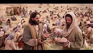 'The Feeding of the 5,000', Matthew 14:13-21 Jesus provides with five loaves of bread & two fishes.