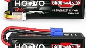 HOOVO 4S Lipo Battery 14.8V 5500mAh 120C RC Battery Hard Case EC5 Connector Compatible with Arrma Kraton 8S RC Buggy Truggy Crawler Monster Car Boat Truck 2 Pack