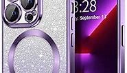 Hython for iPhone 13 Pro Max Case Clear Magnetic Glitter Phone Cases [Compatible with MagSafe] Full Camera Lens Protector Gradient Sparkle Luxury Plating Shockproof Protective Cover, Square/Purple