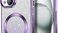 Hython for iPhone 15 Case Clear Magnetic Glitter Phone Cases [Compatible with MagSafe] Full Camera Lens Protector Gradient Sparkle Luxury Plating Shockproof Protective Cover Women Girls, Square/Purple