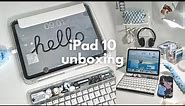 iPad 10 (silver) + accessories aesthetic unboxing  iPadOS 17 homescreen setup, cute keyboard 🤍