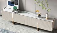 Minimalist 86.6" Off White TV Stand Stone Top Media Console 4 Doors 6 Shelves | Homary