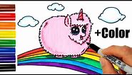 How to Draw + Color Pink Fluffy Unicorn Dancing on Rainbow step by step