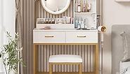 Makeup Vanity with Round Mirror and Lights, White Vanity Makeup Table with Charging Station, Small Vanity Table for Bedroom, 3 Lighting Modes, 31.5in(L)