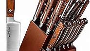 VAVSEA Kitchen Knife Set with Block-16 PC High Carbon Stainless Steel Chef Knife Sets Removable Wooden Block with 6 Pieces Steak Knives, Bread Knife, Sharpener Rod and Kitchen Scissors