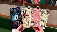 Cute Cartoon Minnie iPhone 14 Pro Max Case with Wrist Strap Hand Holder, Glossy Cover for Girls Women with Stand Kickstand Soft TPU Protective Case 6.7” (Beige)