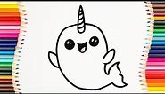 How to draw a cute cartoon narwhal. Step by step drawing.