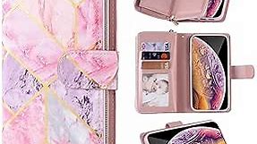 ZCDAYE Wallet Case for iPhone XR,Premium[Magnetic Closure][Zipper Pocket] Folio PU Leather Flip Case Cover with 9 Card Slots Kickstand for iPhone XR 6.1"-Pink&Purple