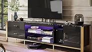 Bestier TV Stand for 75/80/85 inch TV, LED Gaming Entertainment Center, Modern TV Cabinet with Glass Shelves for Living Room, 2 Storage Drawers & Cabinets for Bedroom, Black Glossy