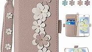 iPhone SE 2020 Wallet Case for Women, iPhone 8 Flip Case with Card Holder Hand Strap, Flowers Leather Phone Case Built-in Shockproof TPU for iPhone 6S/7/8/SE 2nd Gen 4.7 inch, Apricot Pink