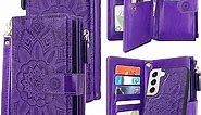 Harryshell Detachable Magnetic Zipper Wallet Leather Case with Cash Coin Pocket 12 Card Slots Holder Wrist Strap Lanyard for Samsung Galaxy S22+ S22 Plus 5G 6.6 Inch Flower (Purple) [Not Fit S22]