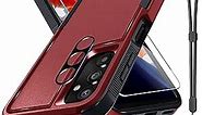 for Samsung Galaxy A24 Case, Full Body Heavy Duty Rugged Shockproof Protective Phone Cover with Lanyard Strap, Tempered Glass Screen Protector and Camera Lens Cover, Red