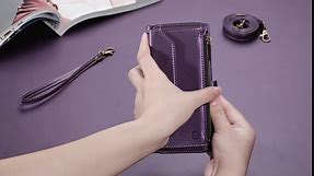 Strapurs Crossbody for iPhone 14 Plus Wallet Case【RFID Blocking】with 10-Card Holder Zipper Bills Slot, Soft PU Leather Magnetic Wristlet Shoulder Strap for iPhone 14 Plus Case Wallet for Women, Purple