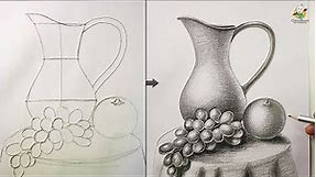 Still Life Drawing for Beginners Easy Step by Step with Pencil Shading | How To Draw a Jug, Grapes