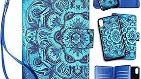 Vofolen for iPhone XR Case Wallet Folio Detachable Card Holder Women Girl Leather Flip Cover Magnetic Slim Shell Dual Layer Heavy Duty Protective Bumper Armor Wristband for iPhone XR 10R Mandala Blue