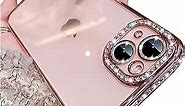Changjia Clear Glitter for iPhone 15 Case, Luxury Bling Sparkly Diamond Rhinestone with Camera Protector Cute Soft TPU Plating Bumper Slim Transparent Women Girls Case for iPhone 15 6.1 Inch (Pink)