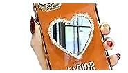 Anloes Makeup Mirror Phone Case Luxurious Bling Heart-Shaped Frame Case, Girly Cute Bling Shining Protective Case for iPhone (Orange, iPhone 14 Pro)