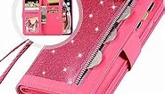 Auker iPhone XR Bling Wallet Case with Strap for Women, 9 Card Holder Folio Flip Glitter Leather Zipper Wallet Case w/Fold Stand&Money Pocket Sparkly Full Protective Purse Case for iPhone XR (Rose)