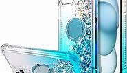 for iPhone 15 Case,Bling Moving Liquid Floating Sparkle Colorful Glitter Waterfall TPU Protective Case with Rotation Ring Kickstand for iPhone 15 [6.1 inch 2023], Blue