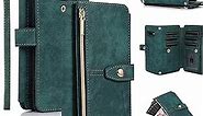UEEBAI Case for Samsung Galaxy S10, 9 Card Slots Retro Leather Wallet Shockproof Flip Cover with Hand Strap Card Slots Zipper Pocket Kickstand Handbag Magnetic Closure - Retro Green