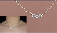 Beaded White Flower Pendant Necklace with Gold & White Seed Beads. How to Make Beaded Necklace花形串珠项链