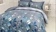 7 Piece Navy Blue Botanical Bed in a Bag King Floral Comforter Set - Elegant Gradient Leaves Bedding Set for All Season (1 Comforter, 2 Pillow Shams, 2 Pillowcases, 1 Flat Sheet, 1 Fitted Sheet)