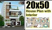 20X50 House Plan with 3D interior & Elevation (complete)