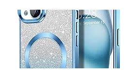 Hython for iPhone 15 Case Clear Magnetic Glitter Phone Cases [Compatible with MagSafe] Full Camera Lens Protector Gradient Sparkle Luxury Plating Shockproof Protective Cover Women, Square/Light Blue