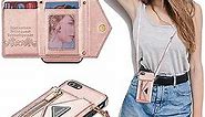 iPhone 8 Crossbody Case, PU Leather Wallet Case iPhone 7 Folio Flip Purse Protective Cover Shell with Shoulder Strap iPhone SE 2020 Zipper Pocket for Women Girls (Rose Gold)