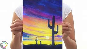Easy Sunset Painting for Beginners | Cactus Simple Acrylic Painting Tutorial