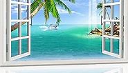 Fake Window Murals-Removable Faux Windows,3D Self-Adhesive Wall Art Mural-50"x35"|Sunny Beach Creative Window View Wallpaper Peel and Stick,Wall Stickers Painting for Bedroom Living Room.